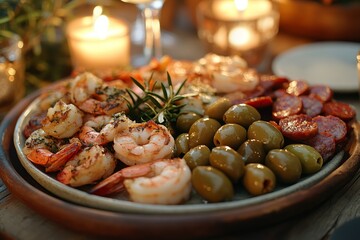 Grilled shrimp, olives, salami platter, romantic dinner, candlelight
