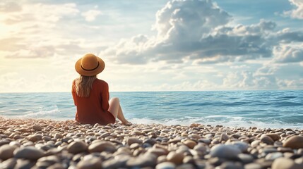Coastal Moment: Woman in Hat Relaxes on Pebbles