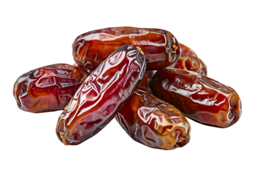 Close-up of four ripe dates on a white transparent background.