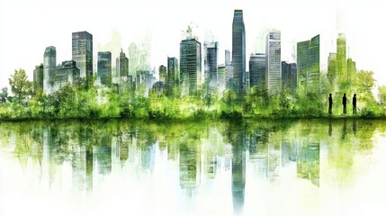 Obraz premium Urban Skyline Reflected in Calm Water with Greenery and Silhouetted Figures near the Shore