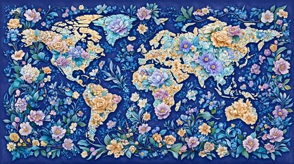 Fototapeta premium Floral World Map Soft Hues Serene Design. AI Generated