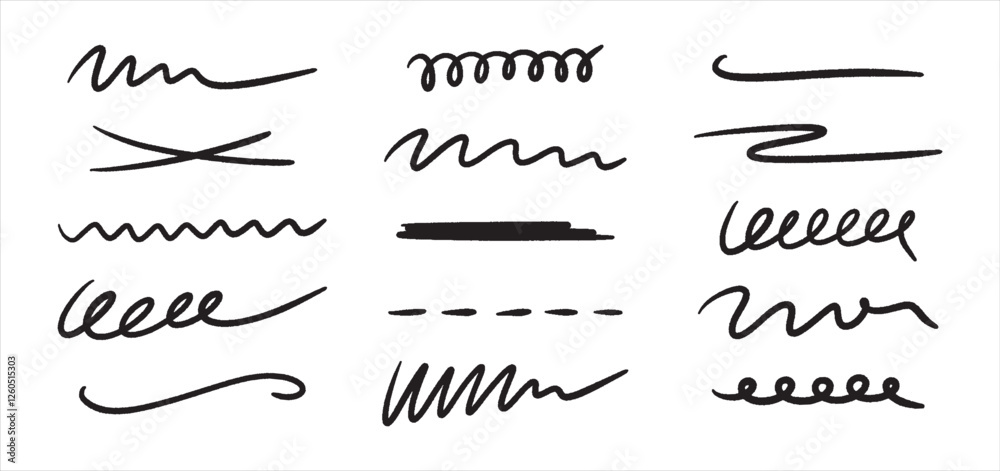 Poster Set of hand drawn underlines. Abstract doodle lines, marker drawing stripes for design. Elements collection isolated on white background.