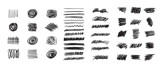Set of hand drawn underlines. Abstract doodle lines, marker drawing stripes for design. Different shapes collection isolated on white background.