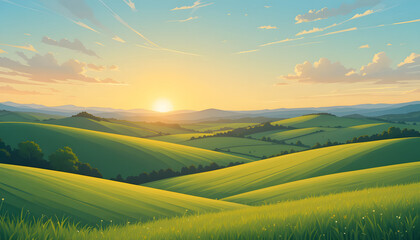 Obraz premium Sunset over rolling green hills