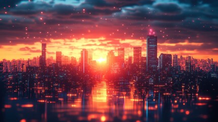Fototapeta premium Abstract urban landscape background. Featuring city skyline silhouettes and vibrant sunset colors. Highlighting urban life and dynamic energy. Ideal for city-related projects and modern design.