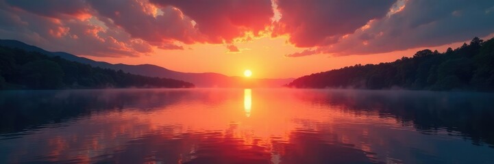 Fototapeta premium A desolate lake at sunset with an intense orange glow on its waters, serene, reflection, calm