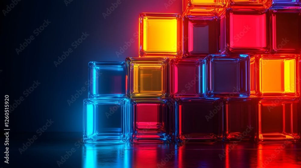 Poster stack of colorful cubes on a black background with geometric shapes and patterns