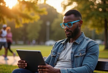 Outdoor studying break. Casual man in blue glasses using tablet while relaxing on park bench during golden hour.