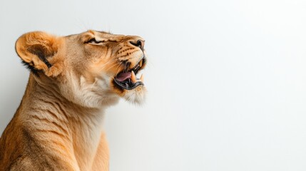 Majestic Lion Captured Roaring Against a Minimalist White Background with Intense Expression