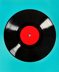 Vintage Vinyl Record on a Vibrant Turquoise Background, Capturing Retro Music, Nostalgia, and Classic Audio Culture