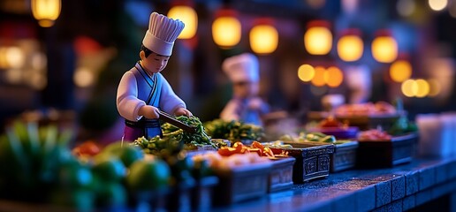 Miniature chef preparing veggies at night market. Food stall background. Stock photo