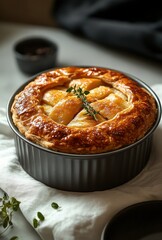 Golden-brown baked tart with caramelized pears, sitting in a metal baking dish, decorated with fresh thyme on a soft linen background