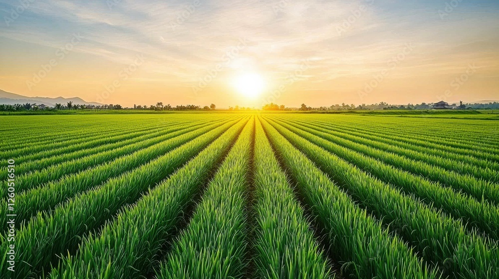 Aufkleber wide-angle view of vibrant rice fields at sunset, with long shadows cast across rows of grain under 
