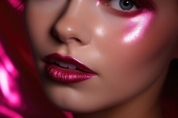 Fototapeta premium Beautiful woman face with pink makeup. Wet effect. A girl with magenta make-up. Bright metallic eyeshadows and lipstick. Fashion and beauty concept.