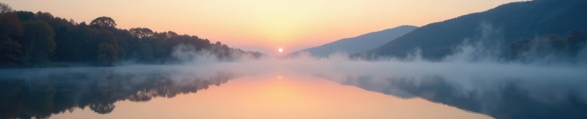 Obraz premium A serene lake at dawn with mist rising from the water's surface, reflection, serene