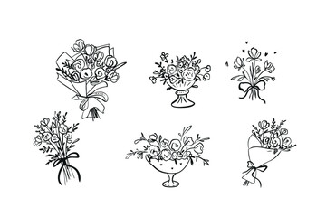 Set of vector illustrations of flower bouquets in doodle style, hand drawn in one line. For weddings, invitations, cards, stickers, for design and printing