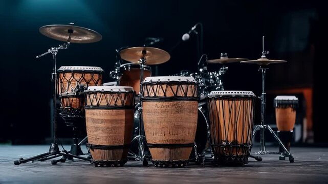 Stage setup featuring a collection of traditional and modern percussion instruments including conga drums, a drum set with cymbals, and a microphone in a dimly lit environment.