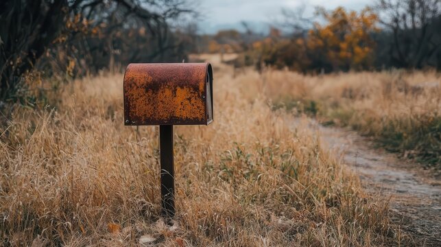 Closed, rusted mailbox surrounded by dry, overgrown grass in a neglected garden