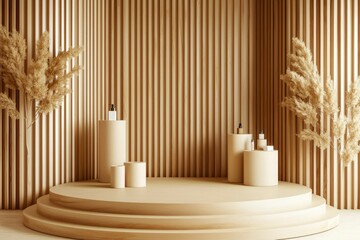 Fototapeta premium Minimalist product display on round beige podium with beige wooden slat background