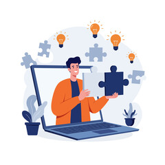 Man Solving Puzzle Online with Laptop for Business and Innovation