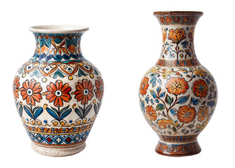 Beautiful floral set vibrant and intricately designed pottery ceramic vase isolated on transparent or white background, PNG,