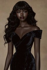Fototapeta premium Elegant Black Velvet Dress Portrait of a Dark-Skinned Woman