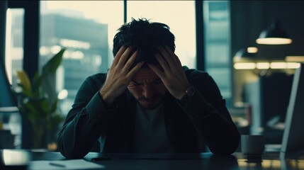 Overworked and Stressed Businessman Holding Head in Modern Office