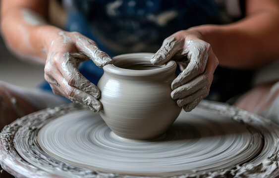 A potter skillfully shapes a clay vase on the wheel, showcasing the intricate process of pottery making, where creativity meets craftsmanship in a timeless art form.