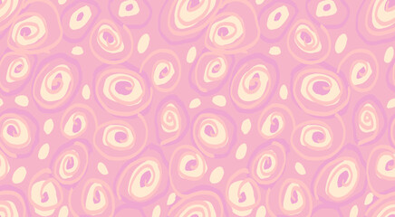 Pastel abstract seamless pattern with unique swirl organic shapes on a pink background. Vector hand drawn irregular shape circular. Contemporary background ornament for print