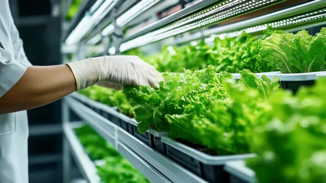 Person wearing gloves tending to leafy greens in a modern indoor vertical farm with LED lighting and hydroponic growing systems.
