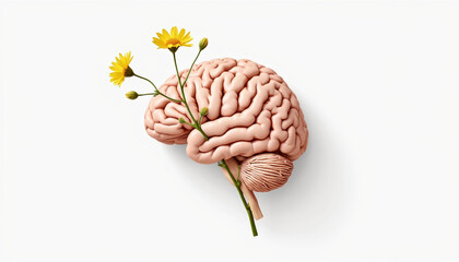 Brain with yellow flowers on white background
