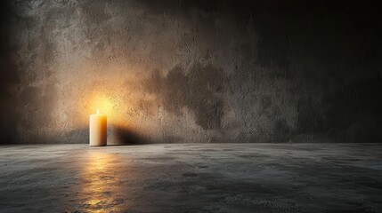 Obraz premium Dark, empty room with a single flickering candle, soft shadows emphasizing solitude and sadness