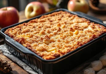 Warm and Delicious Apple Crisp Dessert Freshly Baked in Black Baking Dish Surrounded by Fresh Apples and Natural Elements on Rustic Wooden Table