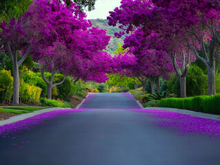 A stunning tree-lined street adorned with vibrant purple bougainvillea blooms, creating a picturesque and tranquil atmosphere.