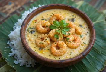 Savory shrimp curry in clay bowl with rice