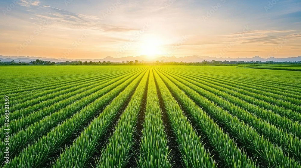 Aufkleber vibrant green rice field stretching towards the horizon under a setting sun, creating a serene and e