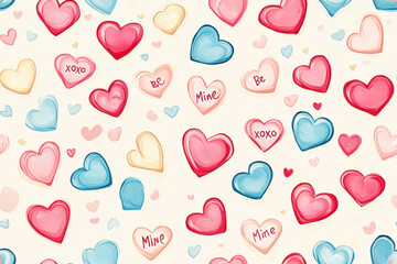 Colorful seamless pattern with artistic candy hearts for Valentine's Day