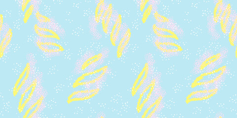 Fototapeta premium Abstract sketch organic shapes and spots, dots, drops seamless pattern on a blue background. Vector hand drawn brush strokes unique forms print. Contemporary minimalist ornament.