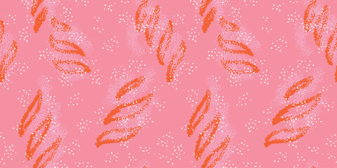Abstract sketch organic shapes and spots, dots, drops seamless pattern on a pink background. Vector hand drawn brush strokes unique forms print. Contemporary minimalist ornament.