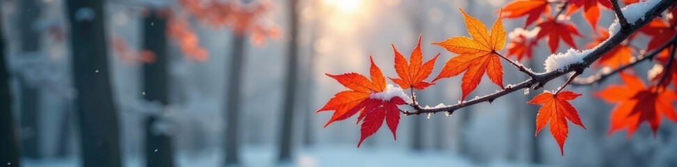 Frozen branch of a maple tree amidst colorful autumn leaves, snow, leaf, trees