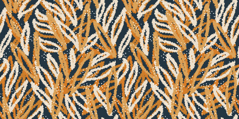 Unique abstract organic shapes seamless pattern. Vector hand drawn sketch creative forms print. Yellow background. Contemporary ornament.