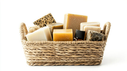 Natural handmade soaps arranged in a woven basket on a light background
