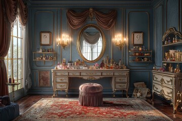 Fototapeta premium Elegant hollywood-inspired dressing room luxurious home interior design cozy environment stylish viewpoint glamorous concept