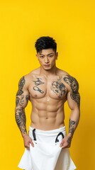 Fototapeta premium a photo of a cute Asian Man with tattoo is enjoying cooking full body in center, yellow back ground