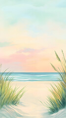 A simple illustration of a sandy beach with grasses and the ocean in soft pastel colors
