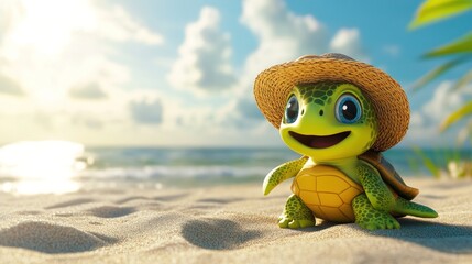 Cute turtle wearing a straw hat on a beach