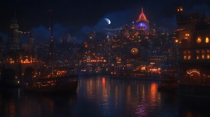 Obraz premium Nighttime Cityscape Illuminated Buildings River Boats