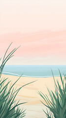 A simple illustration of a sandy beach with grasses and the ocean in soft pastel colors
