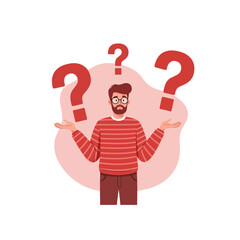 Confused Man with Question Marks Represents Uncertainty and Making Decisions
