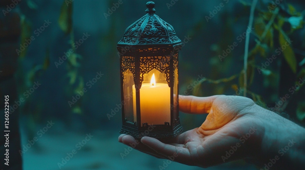 Poster a hand gently holds an ornate arabic lantern, casting a flickering light in the twilight. the enchan